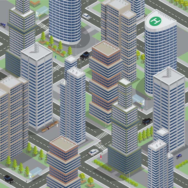 Isometric architecture. business city. cityscape with scyscrapers. isometric transportation.