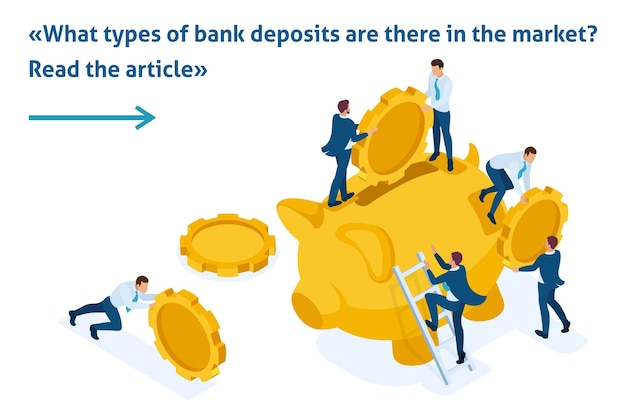 벡터 아이소메트릭 기사 작은 사람들이 은행 예금에 투자하는 개념은 돈을 가지고 다닙니다.