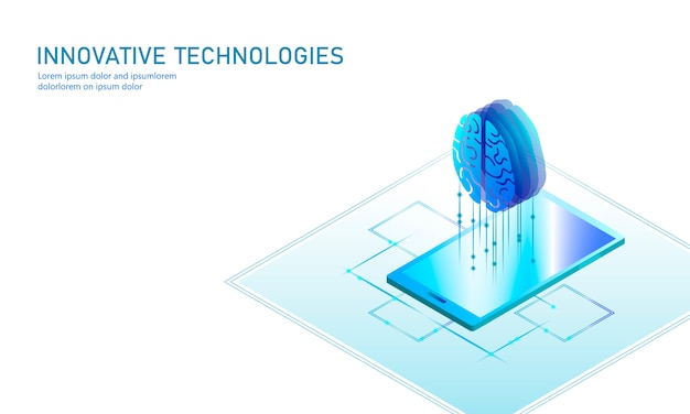 Concetto di affari di intelligenza artificiale isometrica. tecnologia online isometrica blu d'ardore di istruzione online che impara tecnologia del futuro del cervello umano dello smartphone del pc illustrazione infografica 3d