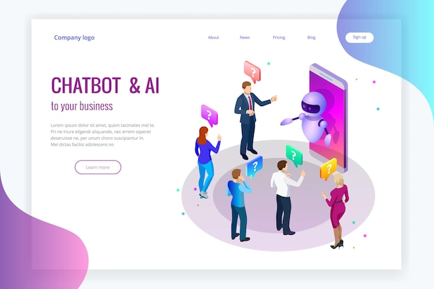 Isometric artificial intelligence. Chat bot and future marketing. AI and business IOT concept. Mans and women chatting with chatbot application. Dialog help service. Vector illustration.