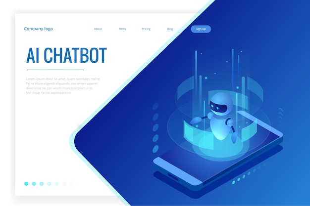 Isometric Artificial Intelligence. Chatbot and future marketing. AI and business IOT concept. Dialog help service. Vector illustration.