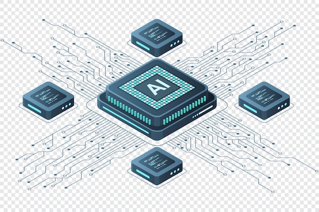 Vector isometric artificial intelligence chip concept artificial intelligence concept futuristic microchip processor vector illustration