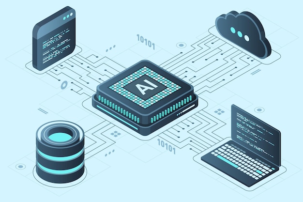 Vettore concetto di chip di intelligenza artificiale isometrico server di intelligenza artificiale processore microchip futuristico cloud computing isometrico illustrazione vettoriale