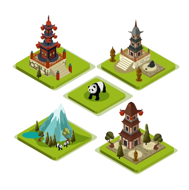 Isometric asian set with pagoda and japanesse architecture