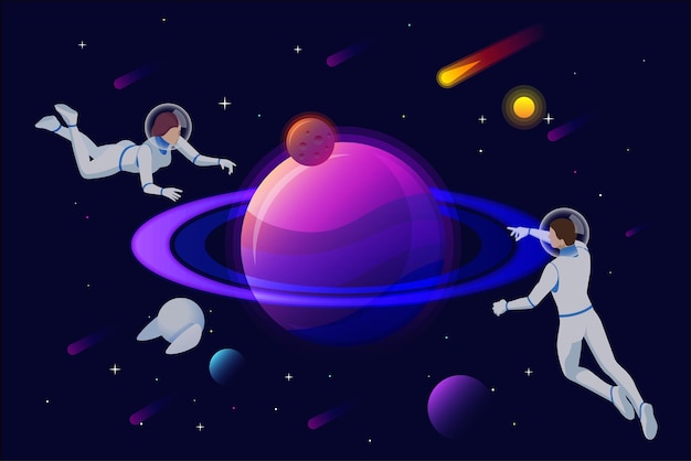 Isometric Astronauts and robots at spacewalk Cosmic and science concept Galaxies in the universe People in spacesuits