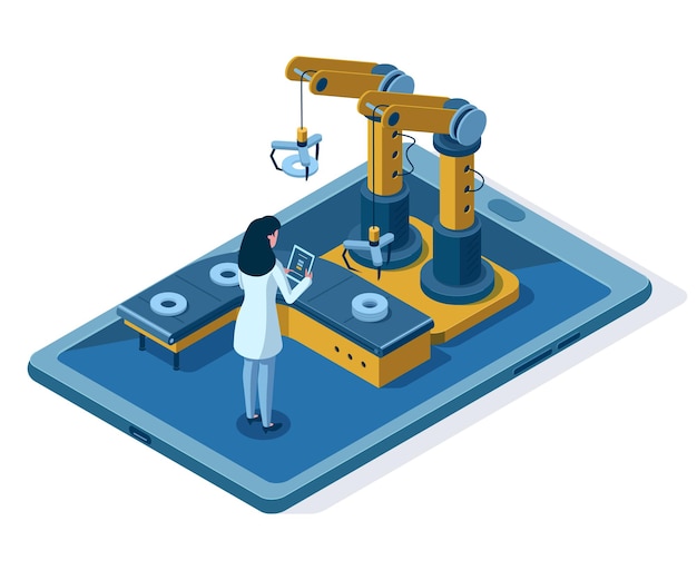 Isometric automated robotic arm engineering management. Automated robotic assembly line, engineer control mechanical systems vector illustration. Industrial robotic conveyor. Woman control process