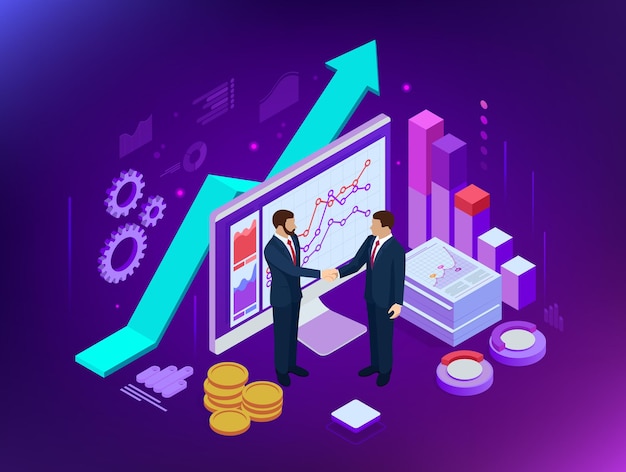 Isometric B2B sales method Partners shaking hands Successful entrepreneurs Data and key performance indicators for business intelligence analytics