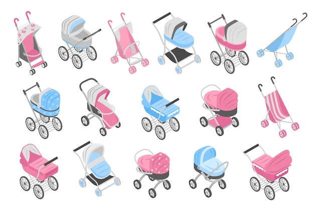 Vector isometric baby carriage in pink and blue colors isolated icons set vector illustration