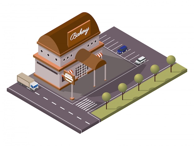 Isometric Bakery Burger Shop and Car Parking Along Transport Street Yard