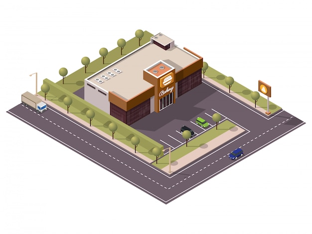 Isometric bakery burger shop with cake signboard and car parking along transport street