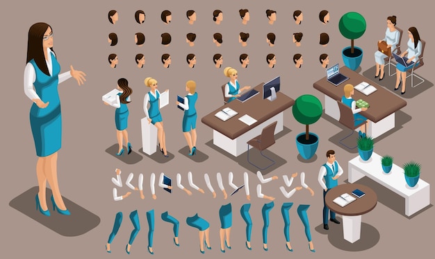 Isometric bank worker set of gestures hands and feet hairstyles emotions Create your manager