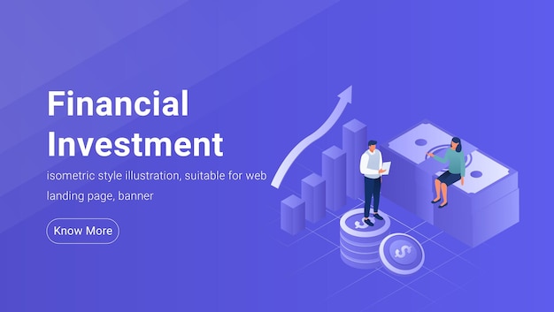 Vettore modello di banner isometrico per investimenti finanziari