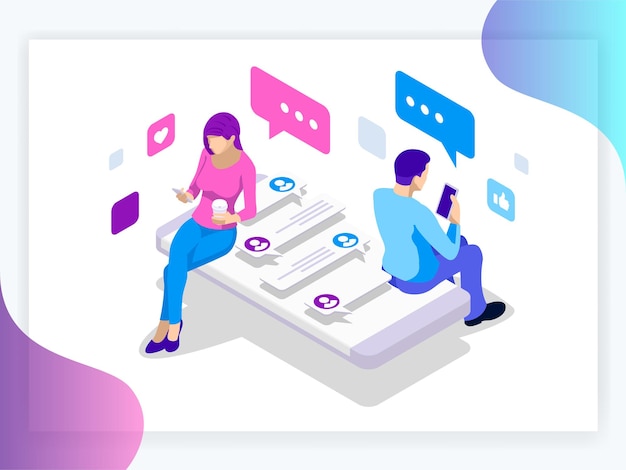 Vector isometric banner of virtual relationships and online dating and social networking concept. happy friendship day teenagers chatting on the internet.