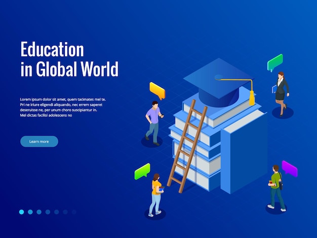 Banner isometrico per il web formazione nel mondo globale, concetto di apprendimento online. libri passo educazione. illustrazione vettoriale.