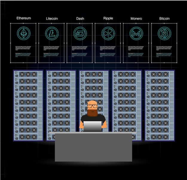 Vector isometric banner with bitcoin mining farm cryptocurrency mining concept financial isometric 3d vec