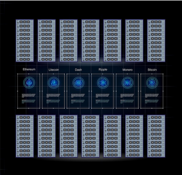 Vettore banner isometrico con bitcoin mining farm criptovaluta mining concetto isometrico finanziario 3d vec