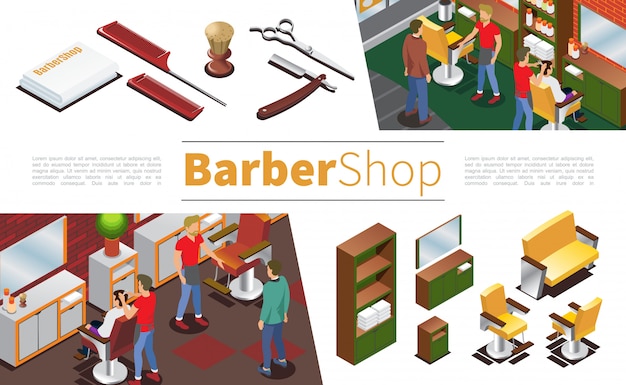 Isometric barbershop composition with hairdressers clients towels brush scissors combs razor cupboard mirror chairs sofa