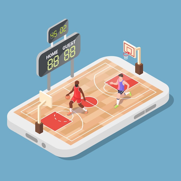 Vettore campo da basket isometrico con giocatori sullo schermo dello smartphone illustrazione vettoriale piatta basketb online