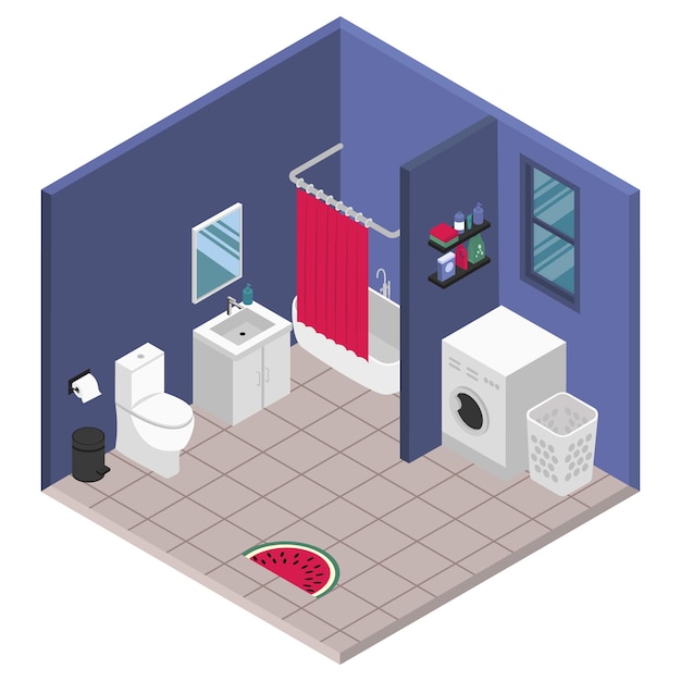 Isometric Bathroom Interior with Laundry Room