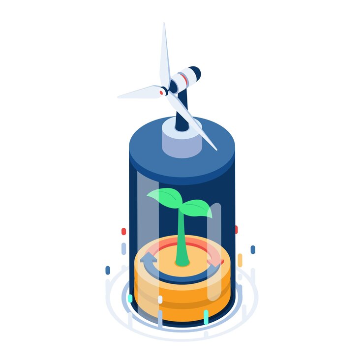 Vector isometric battery recharge with green plant and wind turbine