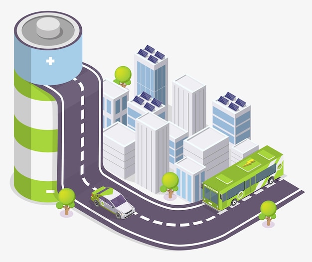 Isometric battery with electric car and city public bus on the road solar panels on building roofs flat vector illustration Green energy City eco transport electric vehicles