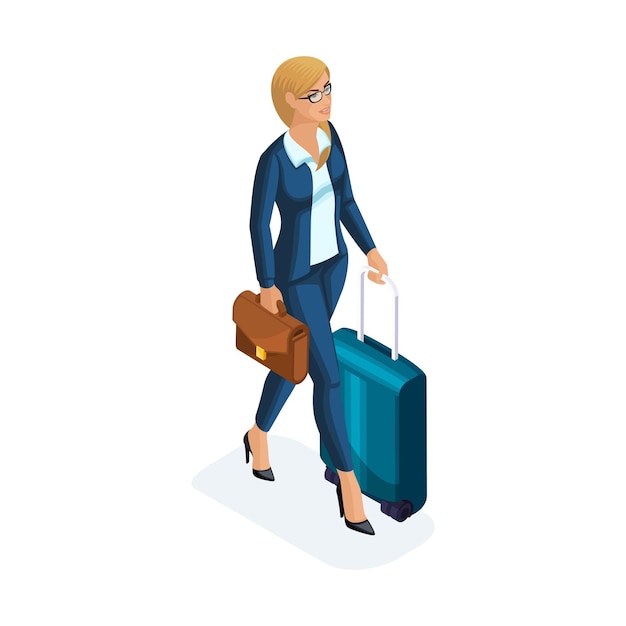 Vector isometric of a beautiful woman on a business trip comes with her luggage at the airport