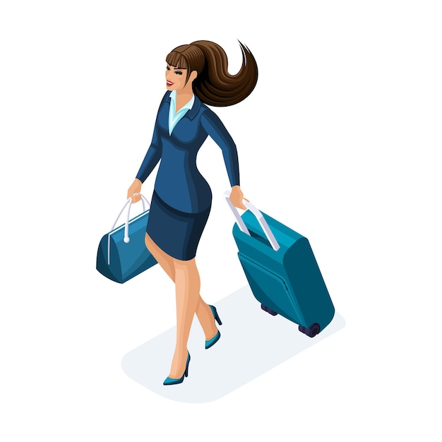 Vector isometric of a beautiful woman on a business trip comes with her luggage at the airport