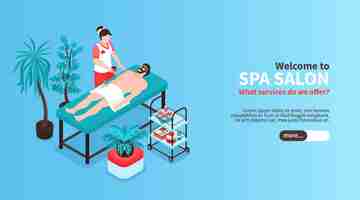 Vector isometric beauty salon horizontal banner with slider button text and images of spa treatment with people