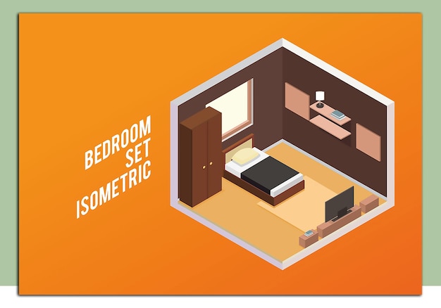 벡터 이소메트릭 침실: 가구와 함께 현대적인 편안한 방 인테리어