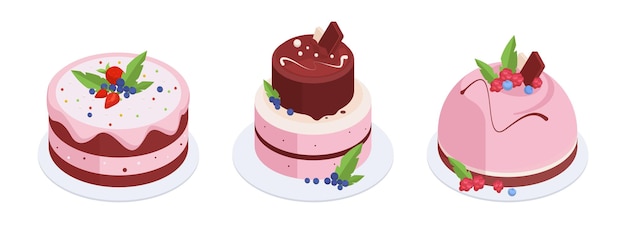 Изометрические ягодные торты вкусные ванильные кондитерские десерты с розовой ягодной глазурью малиновые или клубничные глазированные торты 3d векторная иллюстрация