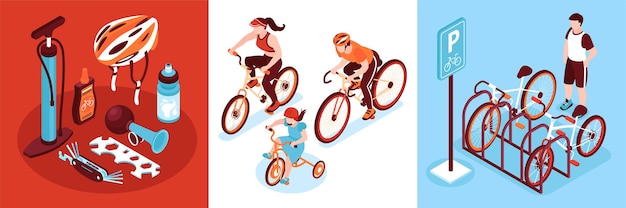 Vector isometric bicycle square compositions of riders with parking rack and cycling gears