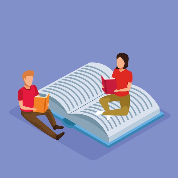 大きな本と女と白い背景の上の周りの本を読んでいる人の等尺性