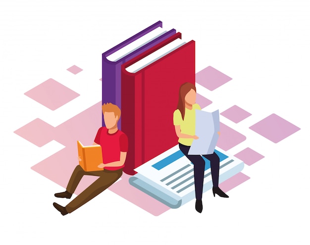 isometric  of big books and woman and man reading over white background