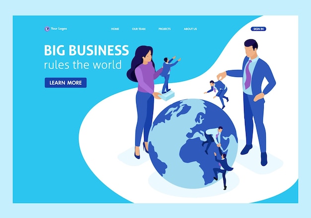 Isometric big boss chooses small people and places them around the world template landing page