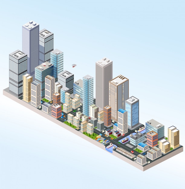 Isometric in a big city with streets, skyscrapers, cars and trees