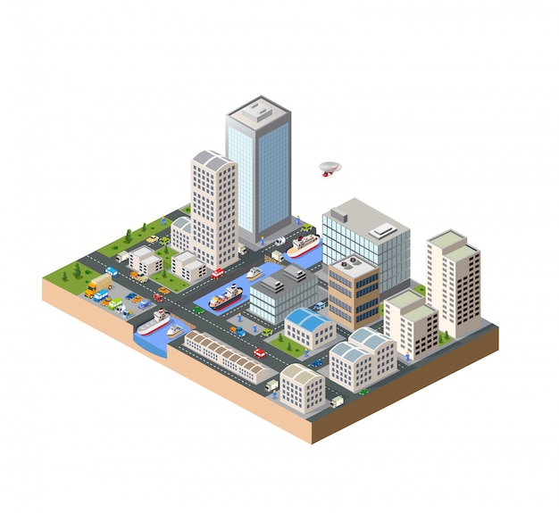 Vector isometric in a big city with streets, skyscrapers, cars and trees