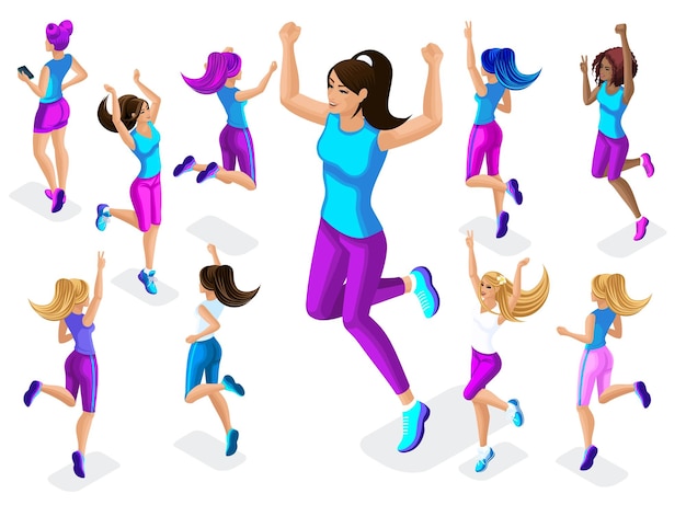 Vector isometric of a big girl athlete against a background of small fitness jumping running