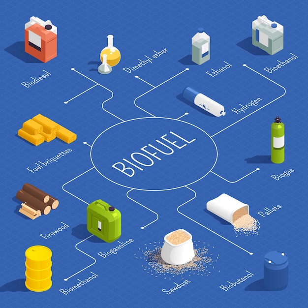 Isometric biofuel flowchart template with natural resources and biofuel elements