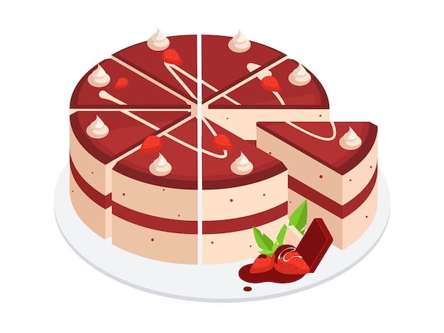 Isometric birthday cake slices Chocolate cake cut into pieces cake constructor 3d vector illustration Festive birthday cake cut into parts