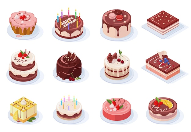 Isometric birthday event tasty strawberry, vanilla, chocolate cakes. Delicious 3d frosted party cakes vector illustration set. Sweet birthday cakes