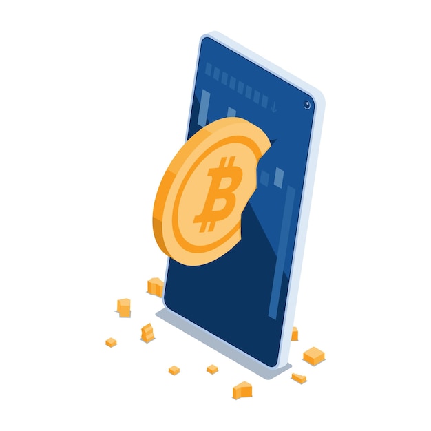 Isometric bitcoin crashed on smartphone screen