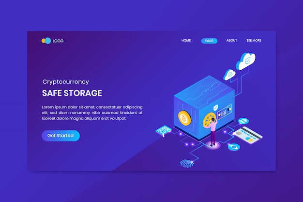 Vector isometric bitcoin cryptocurrency safe storage landing