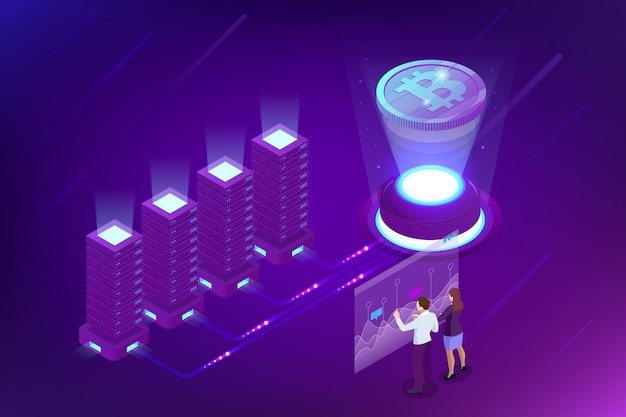 Isometric bitcoin mining concept. cryptocurrency and blockchain concept. farm for mining bitcoins. digital money market, investment, finance and trading. vector illustration.