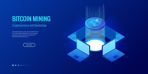 等尺性ビットコインマイニングの概念。暗号通貨とブロックチェーンの概念。ビットコインをマイニングするためのファーム。デジタルマネーマーケット、投資、金融、取引。ベクトルイラスト。