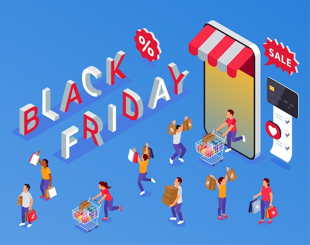 Isometric black friday background with a smartphone