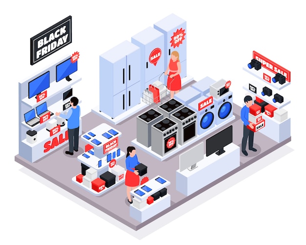 isometric black friday composition home appliances store