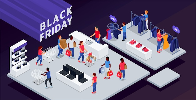 Isometric black friday illustration shop background