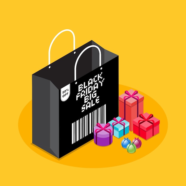 Vector isometric black friday sale shoping bag with gifts in yellow background plus barcode