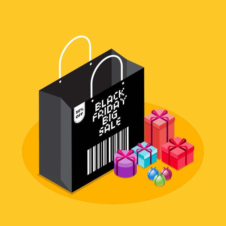 アイソメックブラックフライデーセールShoping bag with gift with yellow backgroundプラスバーコード