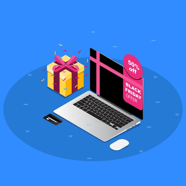 Vector isometric black friday sale with macbook pro and gift in blue background